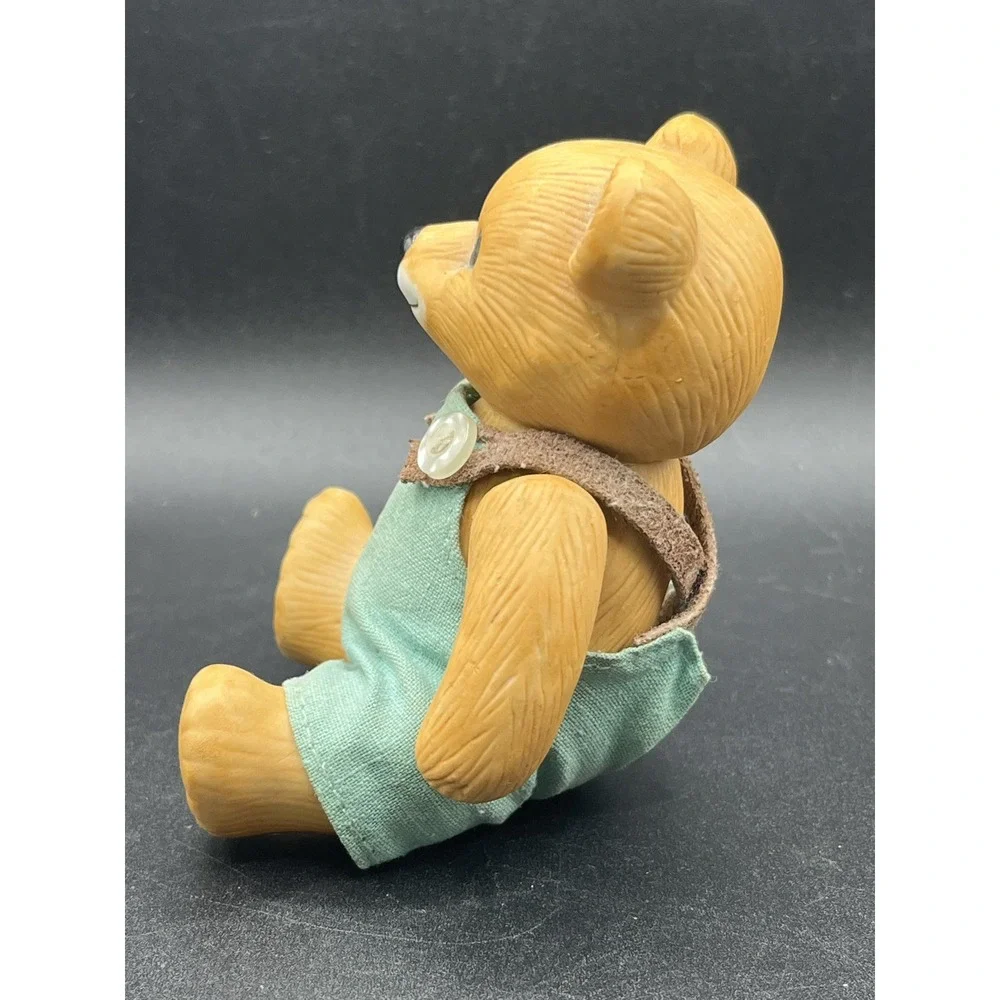 Homco Porcelain Jointed Teddy Bear‎ Boy w/ Fabric Overalls - Taiwan Vtg 3.5